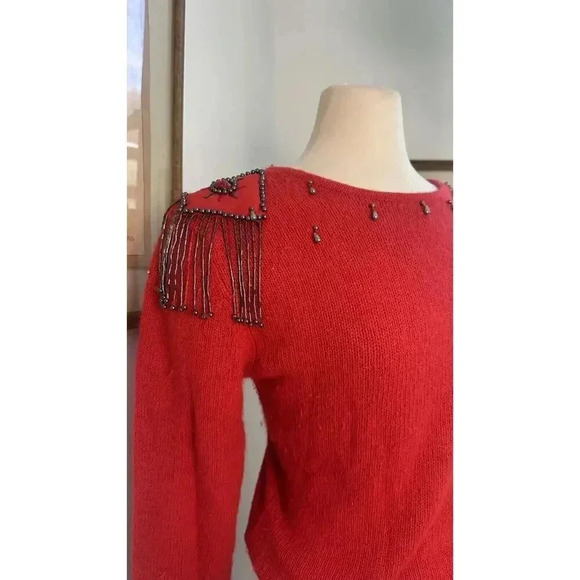 Vintage 80s Sweater With Beaded Tassel Silk Rabbit Hair Shoulder Pads Unique - Picture 1 of 7